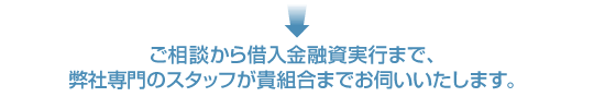 ご相談から借入金融資実行まで、弊社専門のスタッフが貴組合までお伺いいたします。